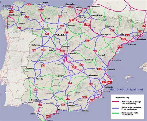 Road map of Spain: roads, tolls and highways of .